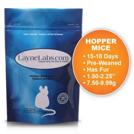 Bag of Layne Labs frozen hopper mice. Title: Hopper Mice. Text: 15 to 18 days old, pre-weaned, has fur, 1.50 to 2.25 inches, 7.50 to 9.99 grams.