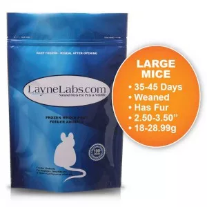 Bag of Layne Labs frozen large mice. Title: Large Mice. Text: 35 to 45 days old, weaned, has fur, 2.50 to 3.50 inches, 18 to 28.99 grams.
