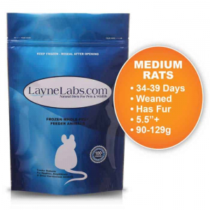 Bag of Layne Labs frozen medium rats. Title: Medium Rats. Text: 34 to 39 days old, weaned, has fur, 5.5 plus inches, 90 to 129 grams.