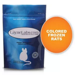 Bag of Layne Labs frozen colored rats. Title: Colored Frozen Rats.