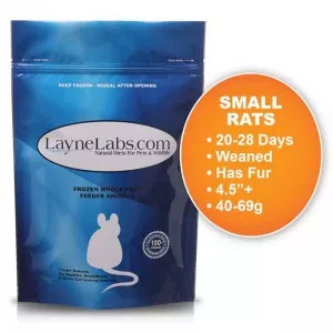 Bag of Layne Labs frozen colored small rats. Title