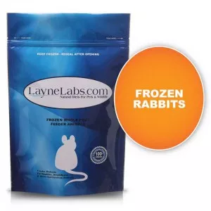 Bag of Layne Labs frozen rabbits. Title: Frozen Rabbits.